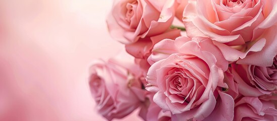 Obraz premium Pink roses with full blooms on a soft pink backdrop denote romance and weddings. Available copy space image.