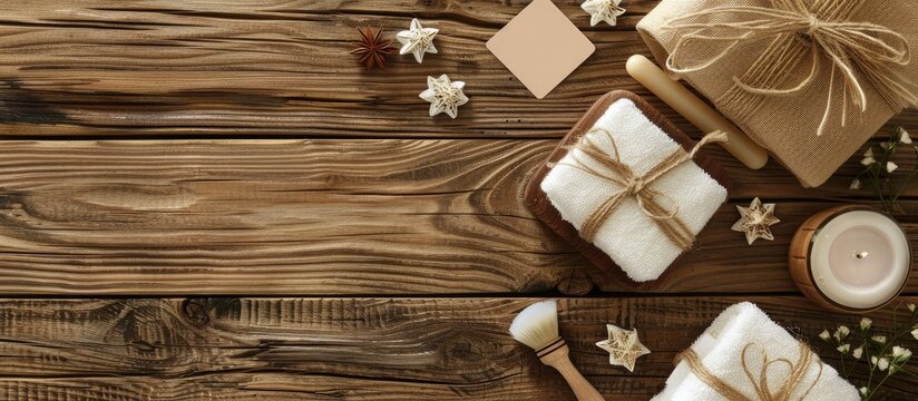 Wooden table with spa supplies and gift card, ideal for a copyspace image.