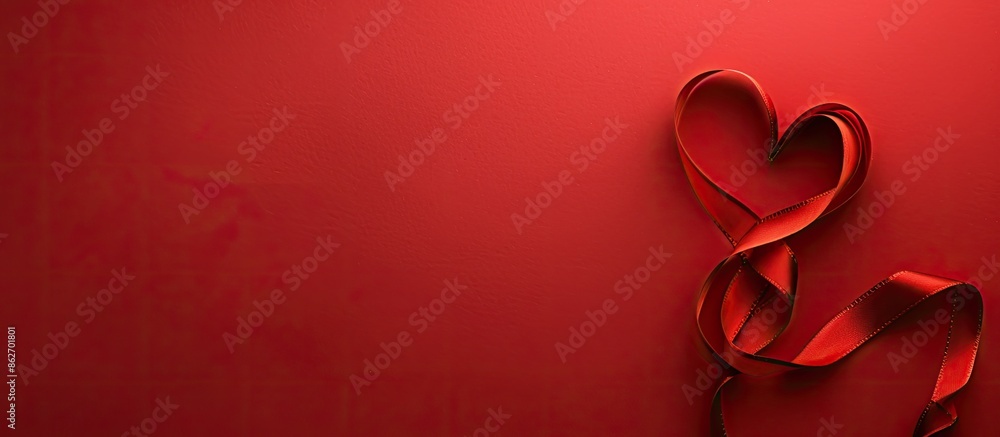 Poster a heart-shaped ribbon on a red backdrop with ample copy space for holiday greeting cards like valent