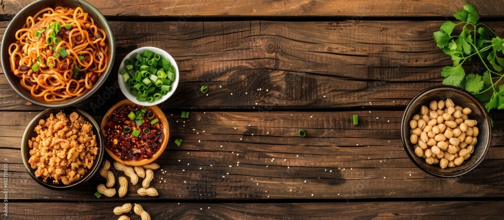 Poster wooden background sets the stage for dandan noodles, peanuts, and minced pork, creating a perfect co