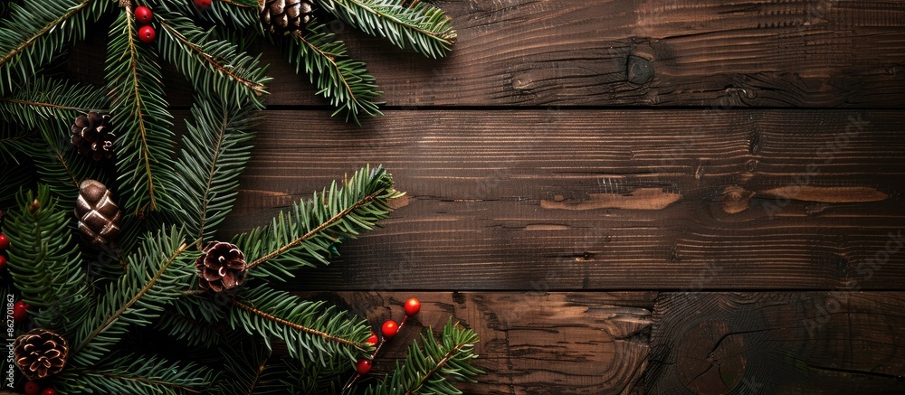 Poster an aerial view of a decorated christmas tree branch, set against a wooden backdrop with copy space i