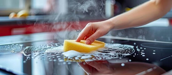 Close-up image showing a woman's hand briskly cleaning a contemporary glass ceramic electric cooktop with a sponge and cleaning solution, with copy space.