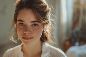 Fototapeta premium A woman with brown hair and green eyes is wearing a white lace blouse. She is smiling and looking directly at the camera
