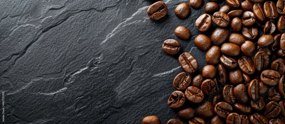 Poster Flatlay view of coffee beans arranged on a black stone background with copy space image.