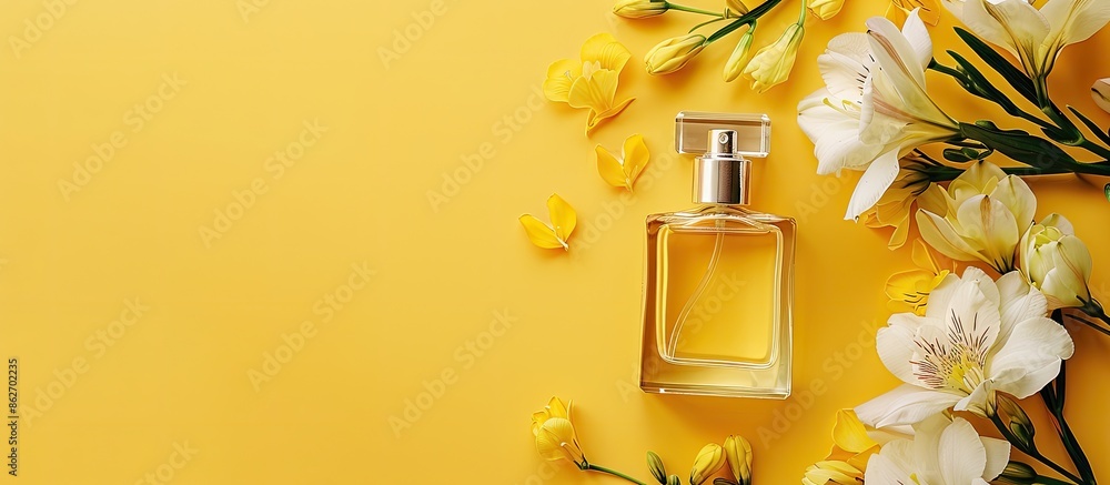 Poster Flat lay composition featuring a perfume bottle and freesia flowers on a yellow background, with a designated area for text, it is a copy space image.