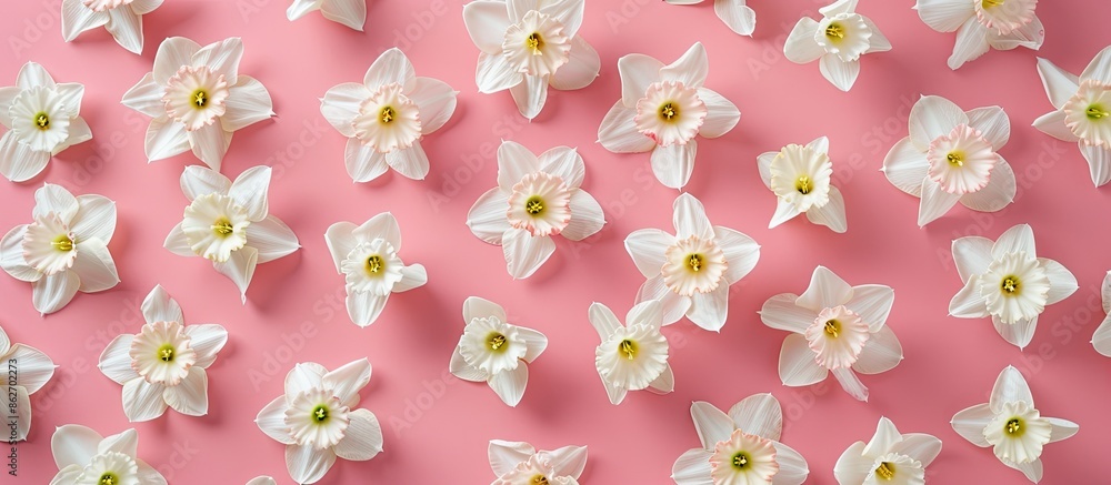 Fototapete Top view of white daffodils on a pink backdrop with room for text or other elements in the image. Copy space image. Place for adding text and design