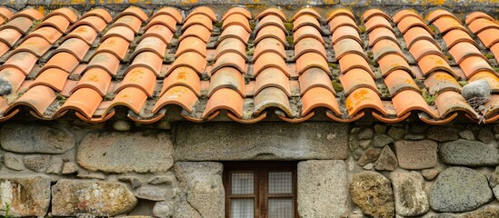 Stone walls detail with orange tiles on the roof, featuring copy space image.