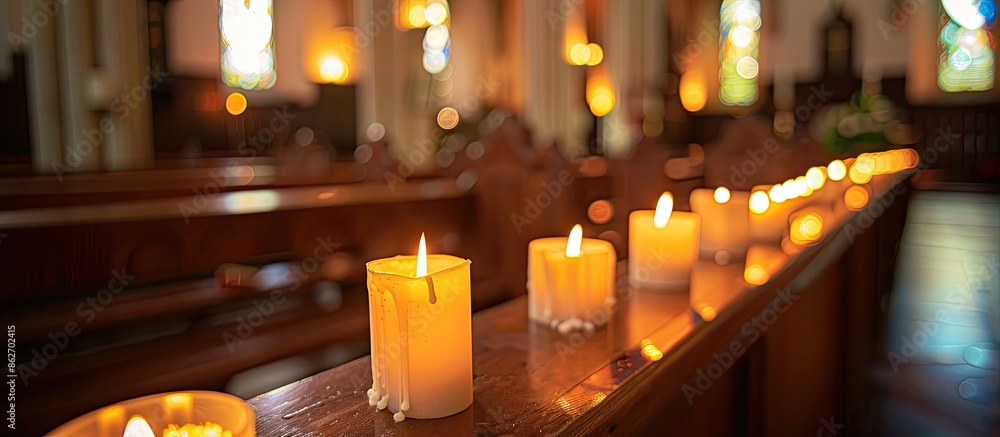 Poster arrangement of lit candles in a row in a church with copy space image.