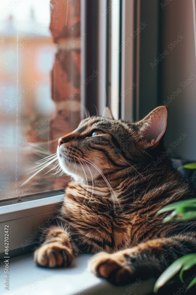 Aufkleber a cat is sitting on a window sill looking out the window. the cat is looking at something outside, b