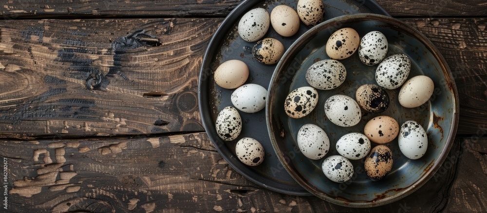 Poster top view of quail eggs on metal plate against wooden backdrop with copy space image.