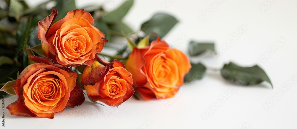 Poster Roses in orange color on a white backdrop with copy space image available.