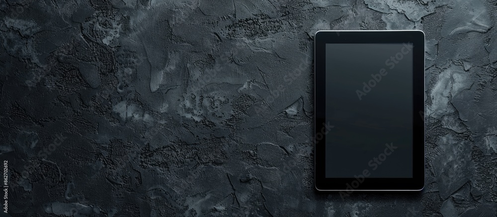 Fototapete modern tablet displayed on a dark gray textured table in a flat lay composition, with copy space for