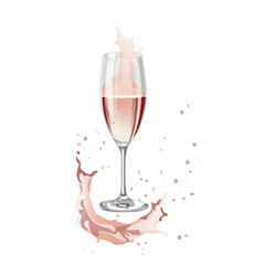 Christmas, a glass of sparkling pink champagne. Pink champagne explosion. Mockup of glass, mockup of sparkling wine drink, isolated on transparent background. Realistic vector illustration