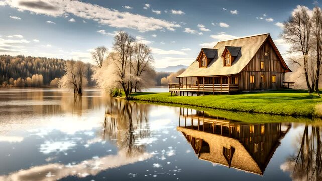 A beautiful view of a wooden house by the lake amongst the trees and birds Seamless looping 4k time-lapse animation video background