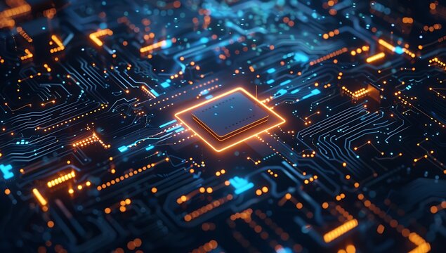 Inner Workings, 3D Render of an AI Chip with Glowing Circuit Lines