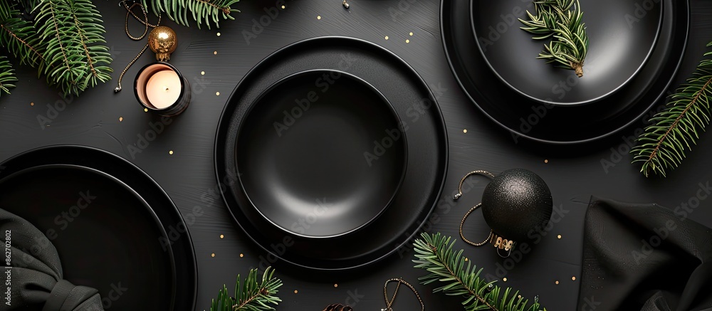 Poster christmas-themed table setting with black dishes and festive decor, including a sprig of fir, arrang