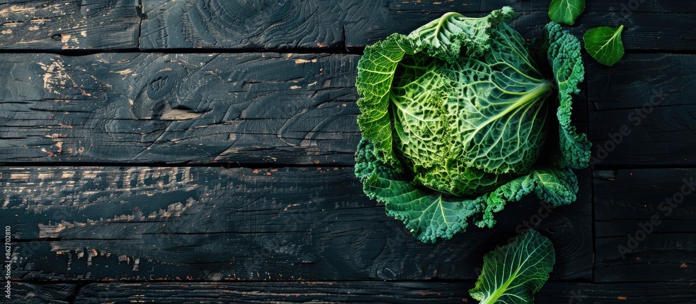 Poster organic farm's savoy cabbage showcased on a rustic black wooden table with open space for imagery. c