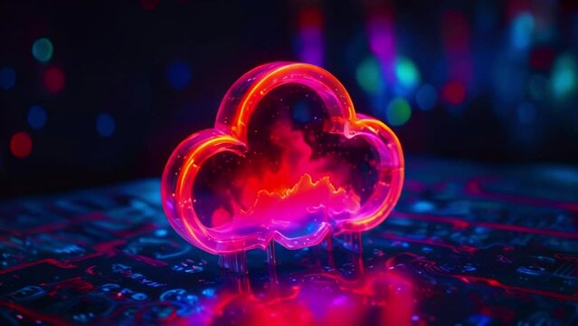 A glowing red cloud icon against a dark blue background with a grid pattern.