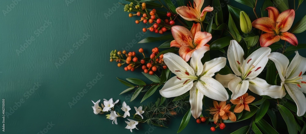 Poster top-down view of a floral arrangement featuring lilies in a serene composition with a postcard mocku