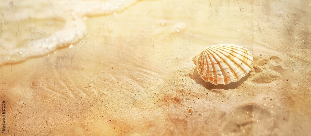 Fototapete Sand beach copy space image with a seashell texture, presenting an abstract background. Evokes a summer vacation and travel relaxation theme, enhanced with a vintage tone filter effect.