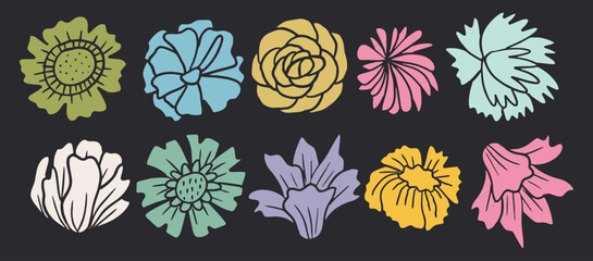 Colorful Hand-Drawn Flower Doodles Vector Illustration - Floral Clipart Set