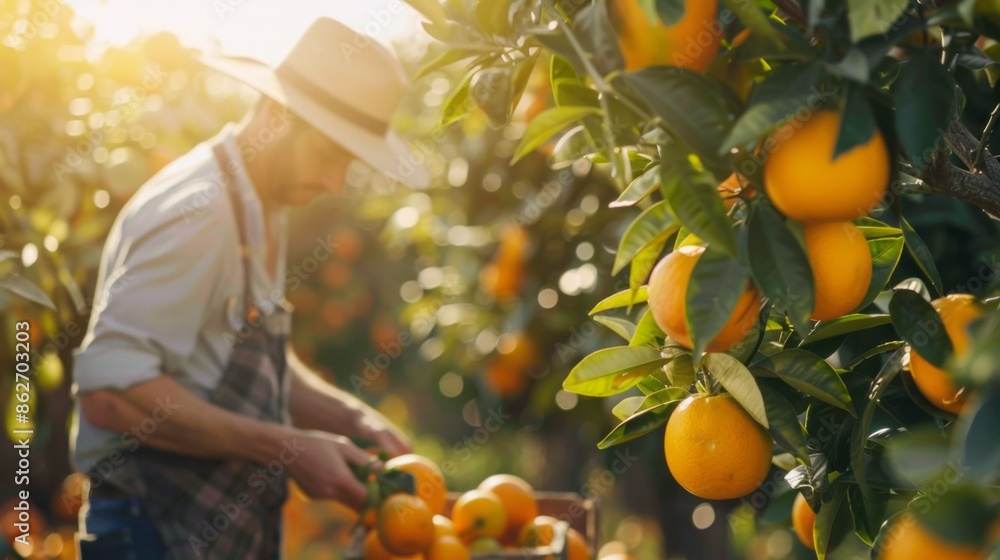 Poster a man is picking oranges from a tree