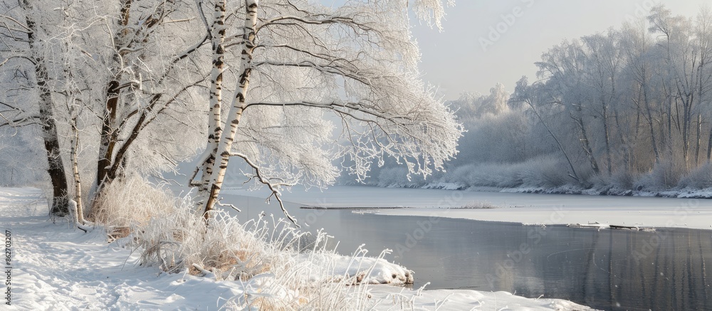Leinwandbilder winter view of a birch tree on a riverbank covered with snow and frost, creating a serene scene with