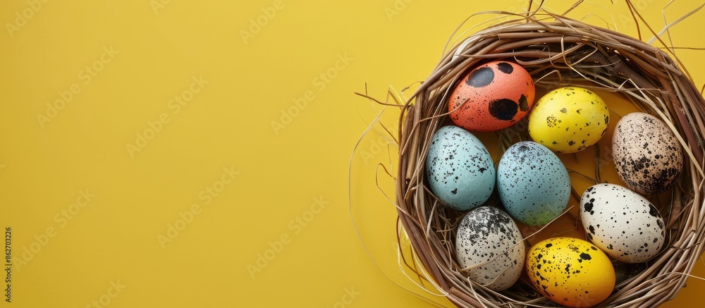 Aufkleber Top view of Easter and quail eggs in various colors in a wicker basket on a stylish napkin against a yellow backdrop in a flat lay style with copy space image.