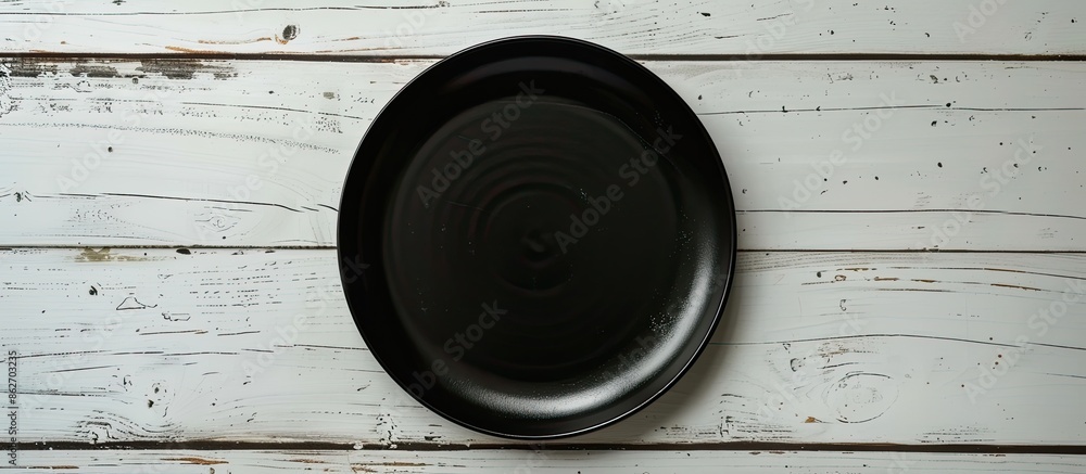 Leinwandbilder a viewpoint showing an empty dark dinner plate on a white wooden backdrop with copy space image.