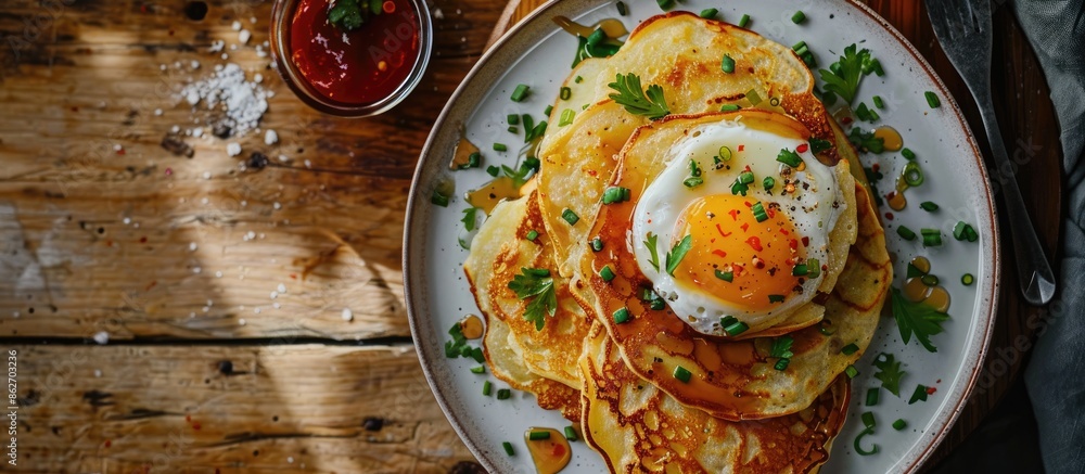Poster overhead view of potato pancakes and hash browns on a plate with copy space image.