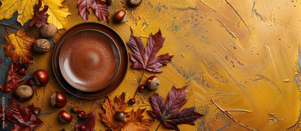 Poster Top view of an artistic fall arrangement with a plate on dry leaves, chestnuts, and various items against a yellow and ocher backdrop, ideal for adding text. Copy space image