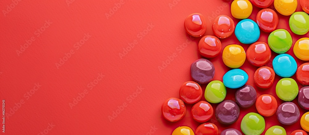 Poster Vibrant circular candy on a red backdrop with ample copy space image.
