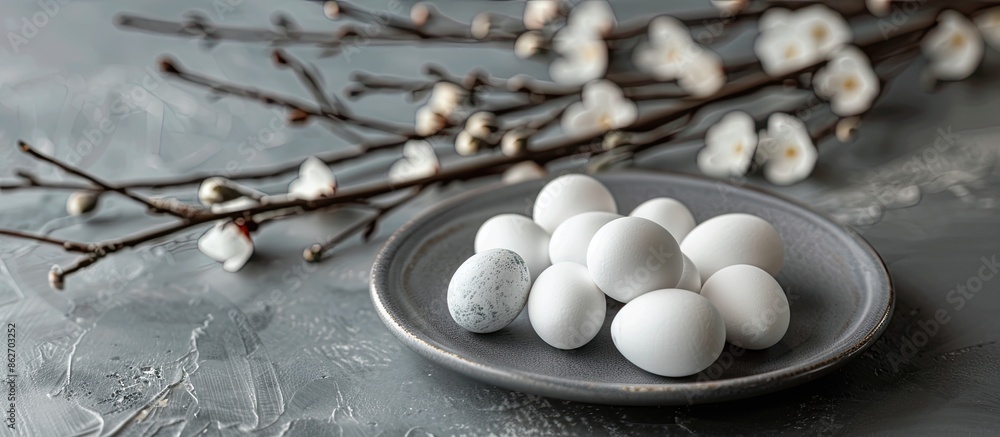 Aufkleber easter theme with small white eggs on plate against gray backdrop, adorned with willow branches for 