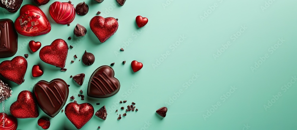 Leinwandbilder Valentine-themed red and chocolate brown decorations on a mint background create an attractive border with space for text or images. Copy space image. Place for adding text and design
