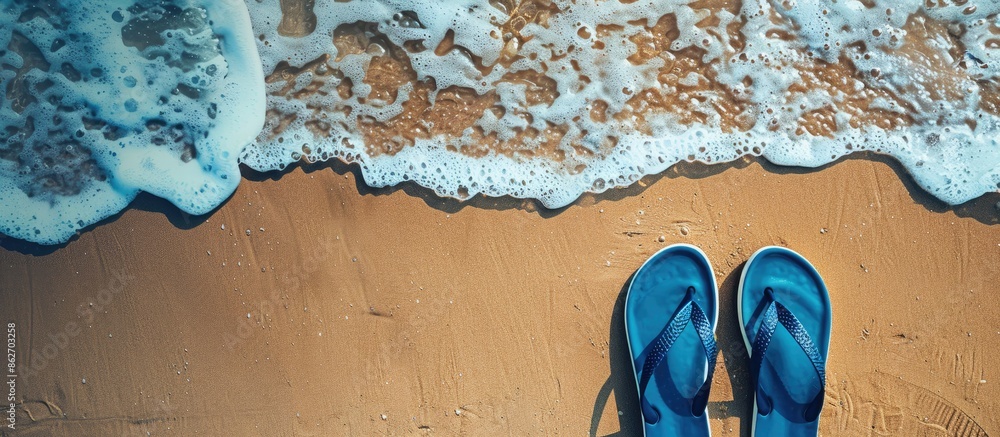 Poster navy blue sandals on a sunny beach with copy space image. evoking holiday and travel vibes from a to