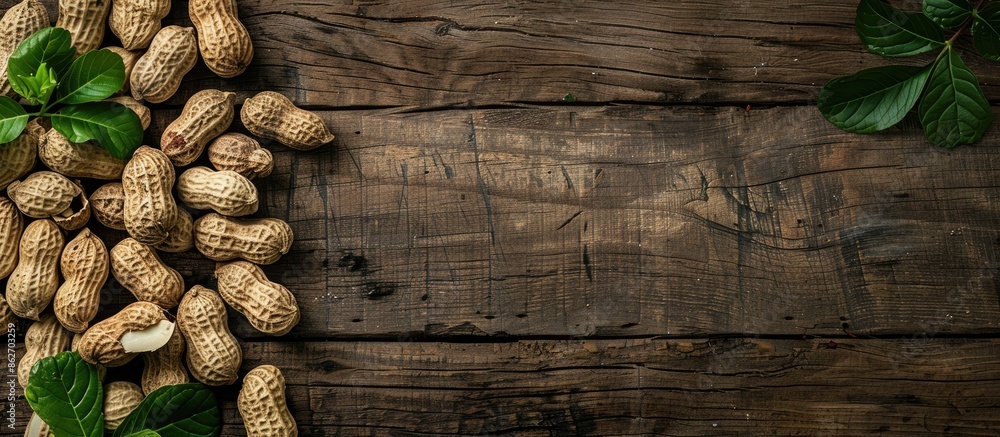 Aufkleber fresh peanuts in shells placed on a wooden surface, set against a natural background with ample spac