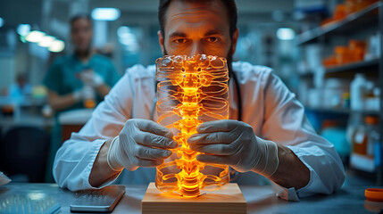 Obraz premium Doctor in gloves holding a glowing wooden spine model showing the cervical thoracic and lumbar vertebrae with a neutral expression