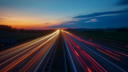 Obraz premium Nighttime Symphony, Long Exposure of Car Lights on a Countryside Highway
