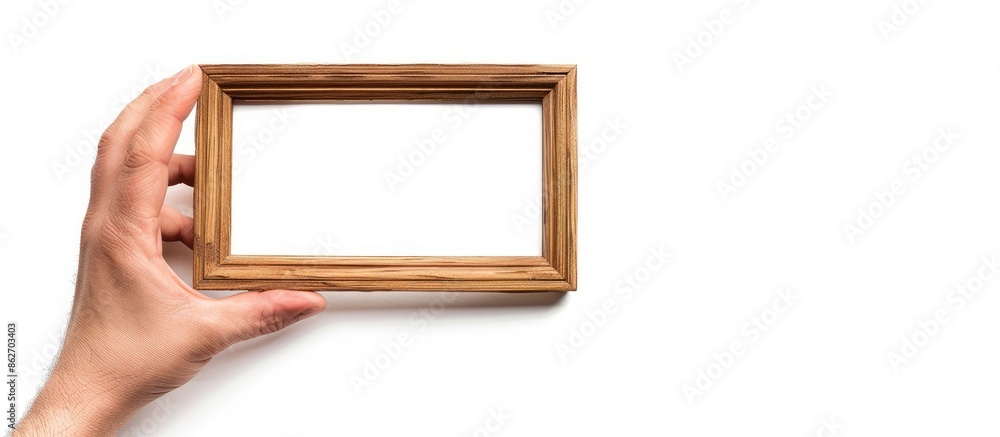 Aufkleber a hand grasping a wooden frame with a white background, suitable for a copy space image.