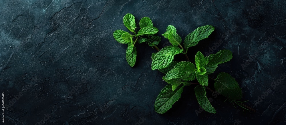 Poster dark background showcasing a fresh mint sprig with available copy space image.