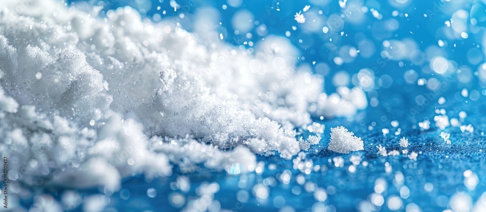 Poster close-up of white snow on a blue backdrop with space for text. copy space image. place for adding te