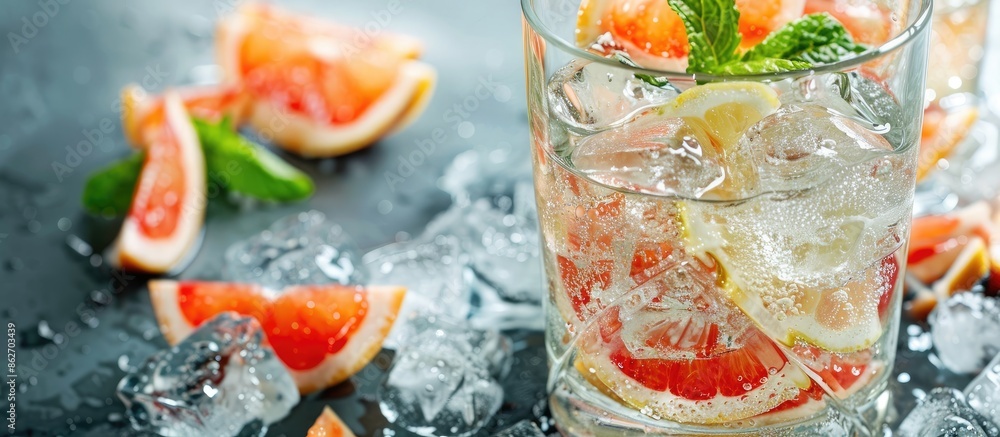 Poster cold summer cocktails such as grapefruit lemonade served in a glass with ice cubes and copy space im
