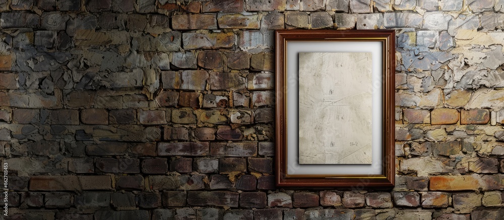 Aufkleber a picture frame hanging on a textured brick wall with copy space image.