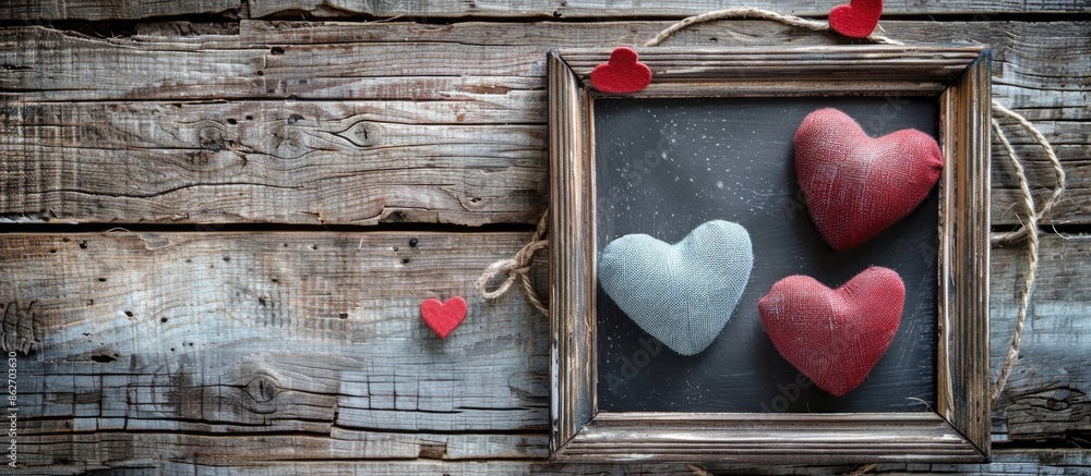 Poster Photo frame and heart shapes on a rustic wooden background with copy space image.