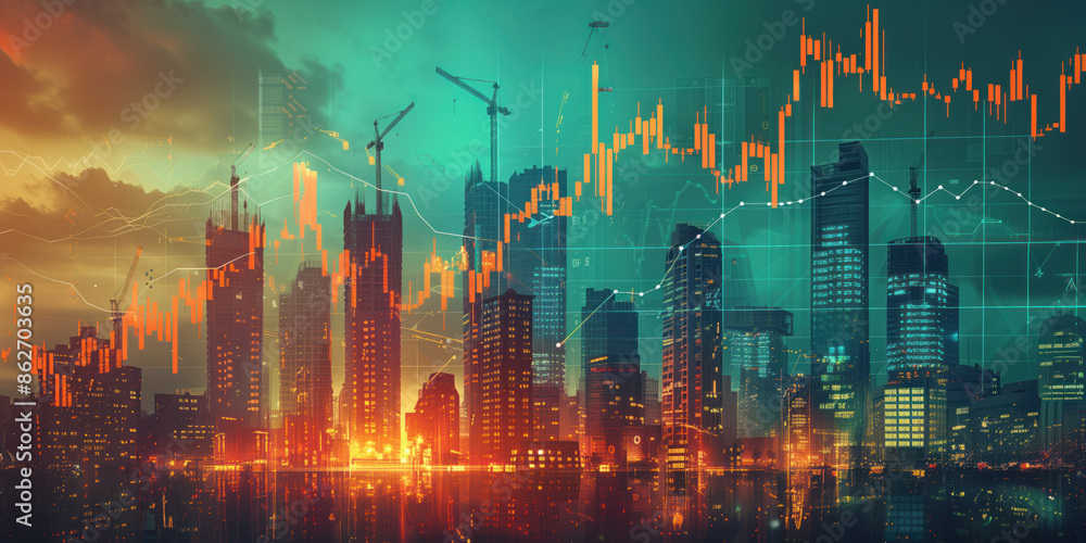 Poster illustration of the residential real estate developers market. a graph or chart showing the drop in 
