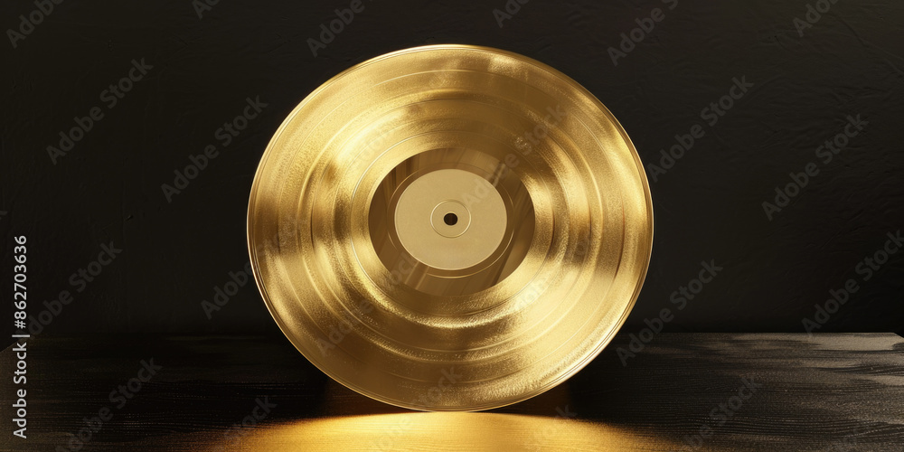 Poster a gold record sits on a table. the record is shiny and golden. the table is dark and the record is t