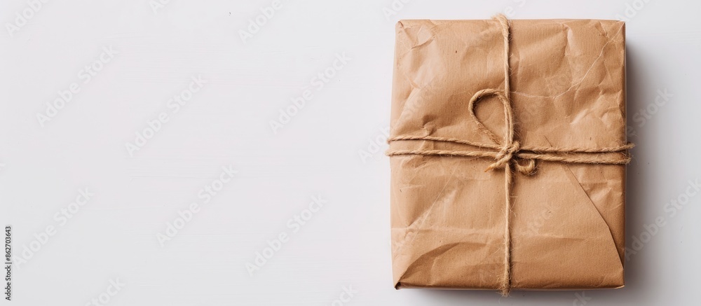 Aufkleber package wrapped in brown kraft paper against a white backdrop with copy space image.