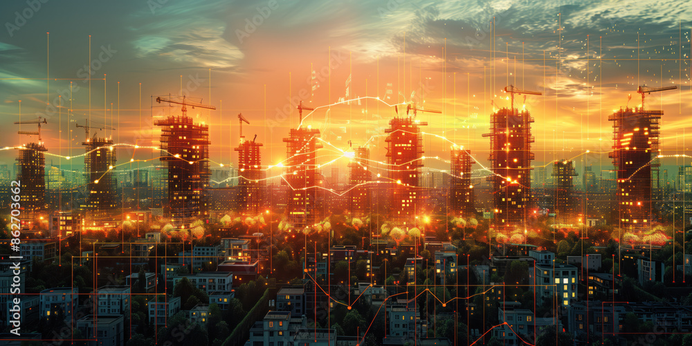 Poster illustration of the residential real estate developers market. a graph or chart showing the drop in 