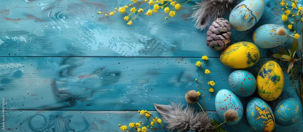 Poster colorful wooden easter eggs decorated with feathers and mimosa, displayed on a blue wooden backdrop 