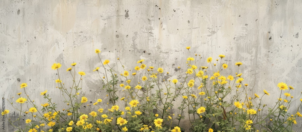 Leinwandbilder wild yellow flowers blooming alongside a concrete wall providing a unique backdrop with empty space 